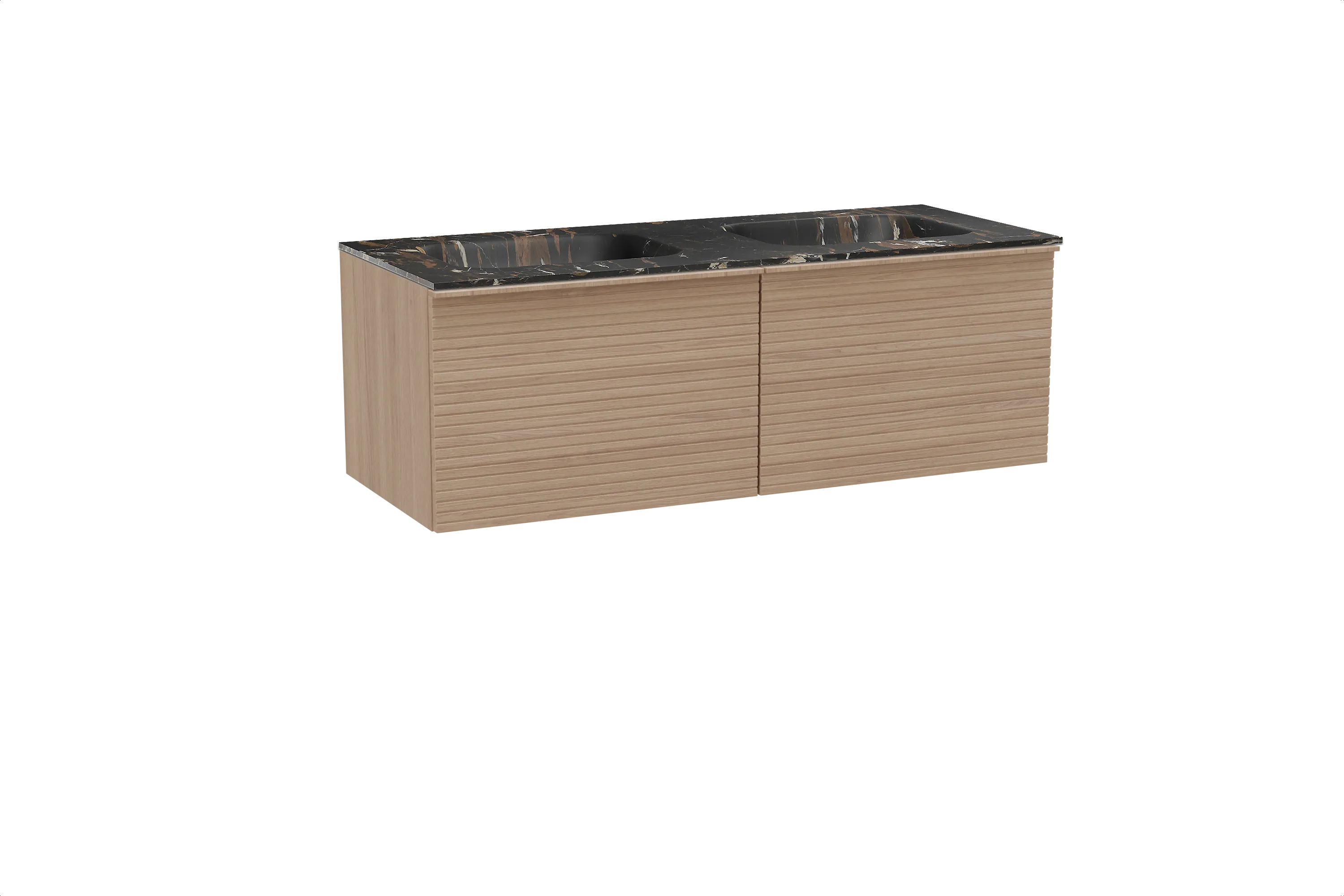 Balmani Forma meuble salle de bains suspendu 135 x 55 cm chêne naturel avec Tablo Arcato double vasque en marbre portoro gold, N