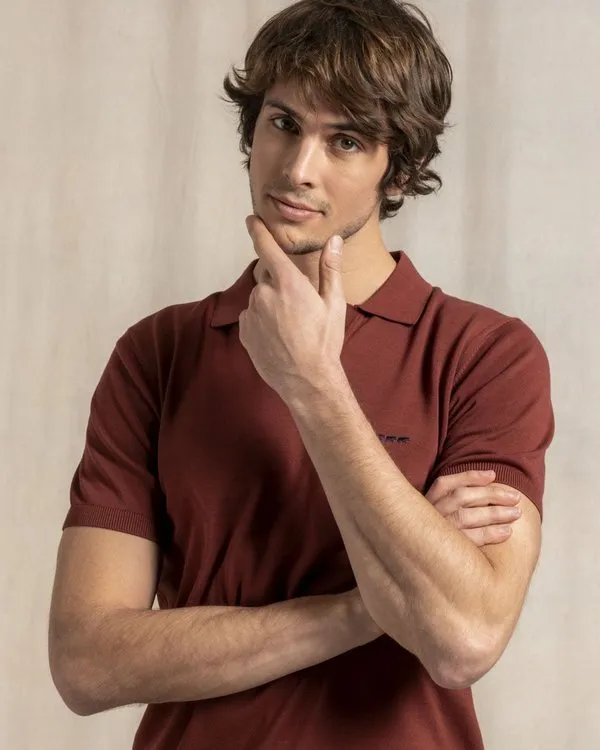 Polo maille brun rouge 