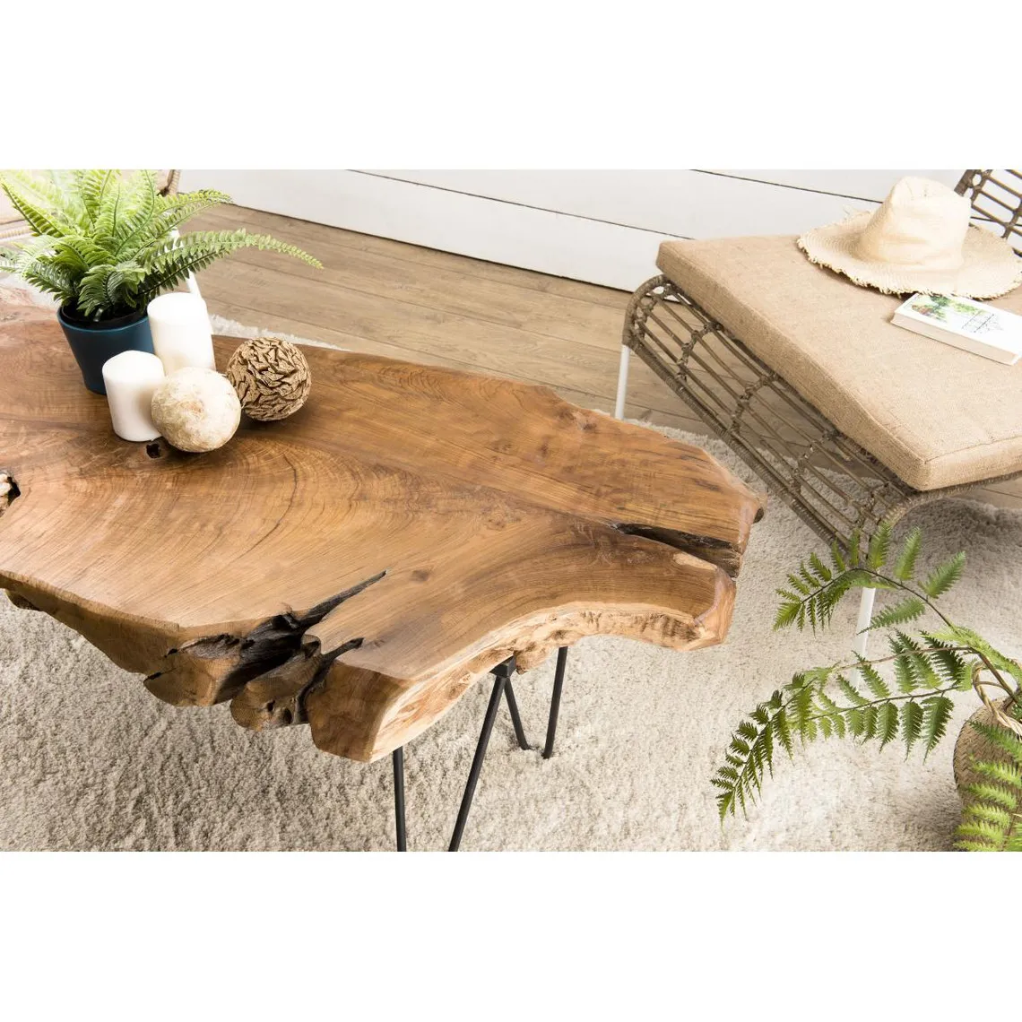 Table Basse CLEMENCE Forme Naturelle Bois Teck - Pieds Épingles Scandi Métal | 3 Suisses