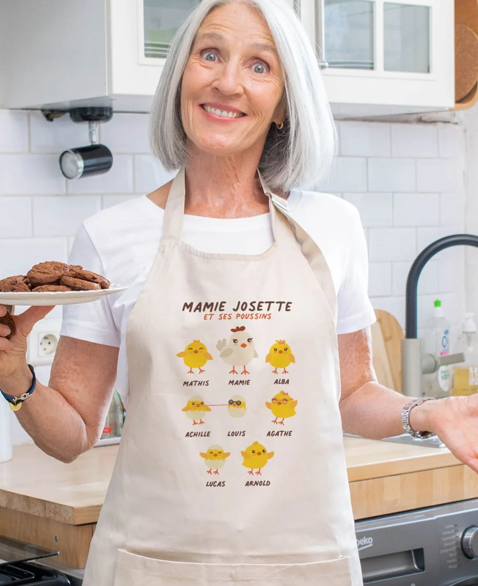 Tablier à poche Mamie poule et ses poussins personnalisé